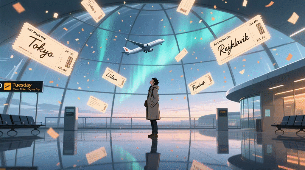 Best Flight Booking Tips to Save Money and Travel Comfortably – traveler searching for affordable flights on a laptop with passport, boarding pass, suitcase, airplane, and travel essentials for a budget-friendly journey.