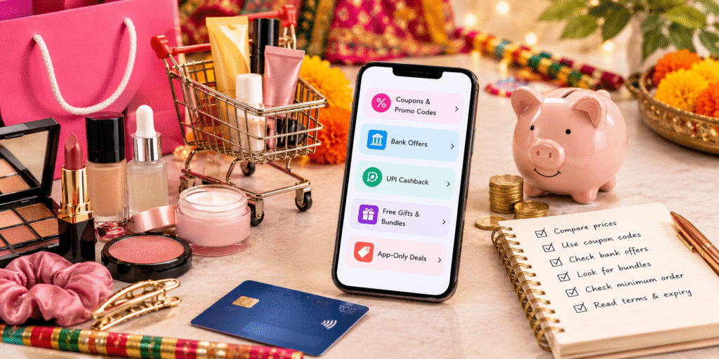 Navratri Coupons beauty shopping checklist with makeup, skincare, haircare, fragrance and styling tools.Beauty coupons and festive makeup offers with colorful cosmetics and discounts.