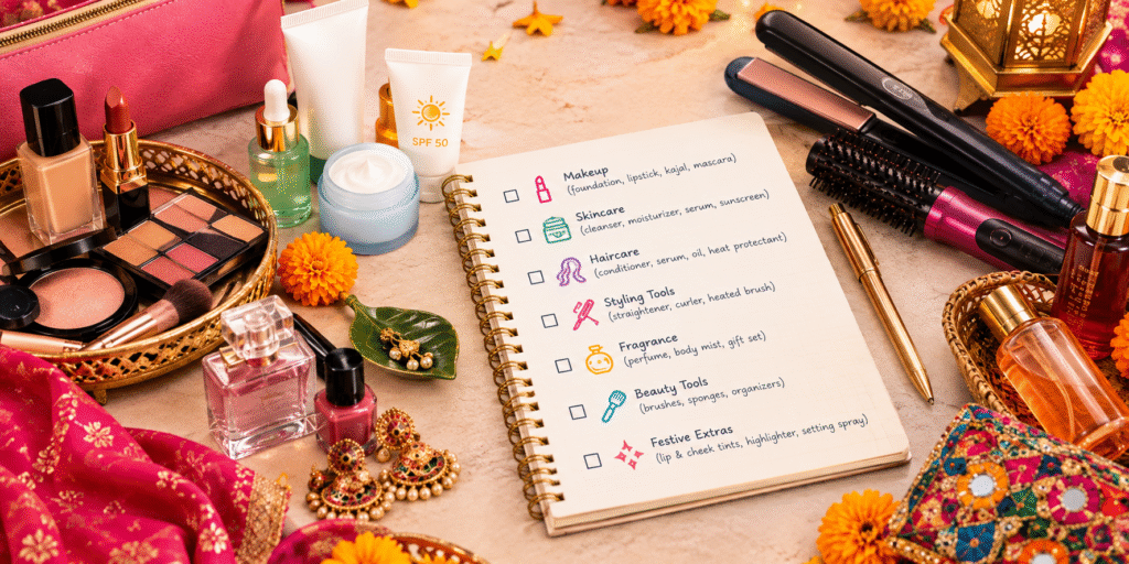 Navratri Coupons beauty shopping checklist with makeup, skincare, haircare, fragrance and styling tools.Beauty coupons and festive makeup offers with colorful cosmetics and discounts.