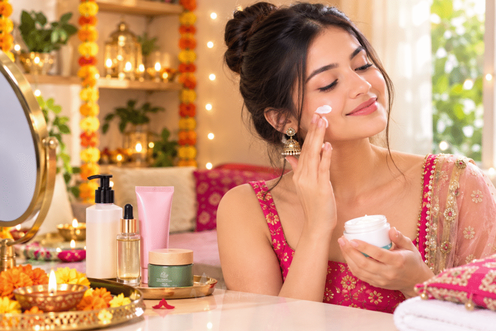 Navratri Coupons beauty shopping checklist with makeup, skincare, haircare, fragrance and styling tools.Beauty coupons and festive makeup offers with colorful cosmetics and discounts.